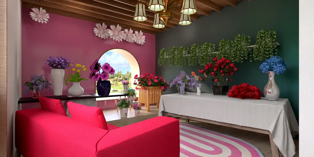 a room with a red carpet and a red table with flowers 