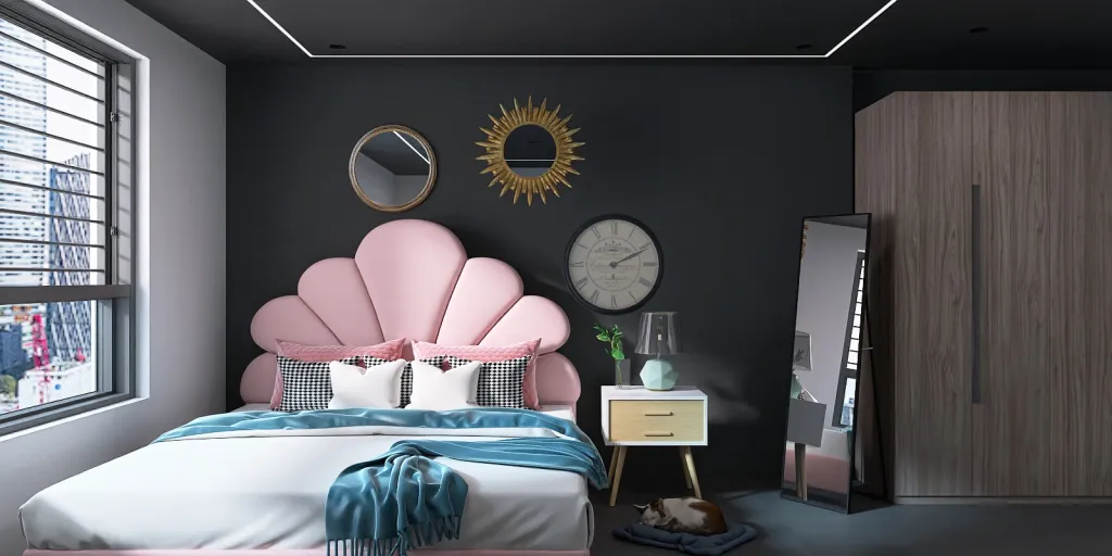 a bedroom with a bed, a desk, and a clock 