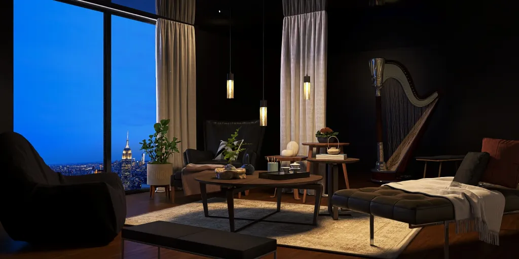 a living room with a couch, table, chairs and a lamp 