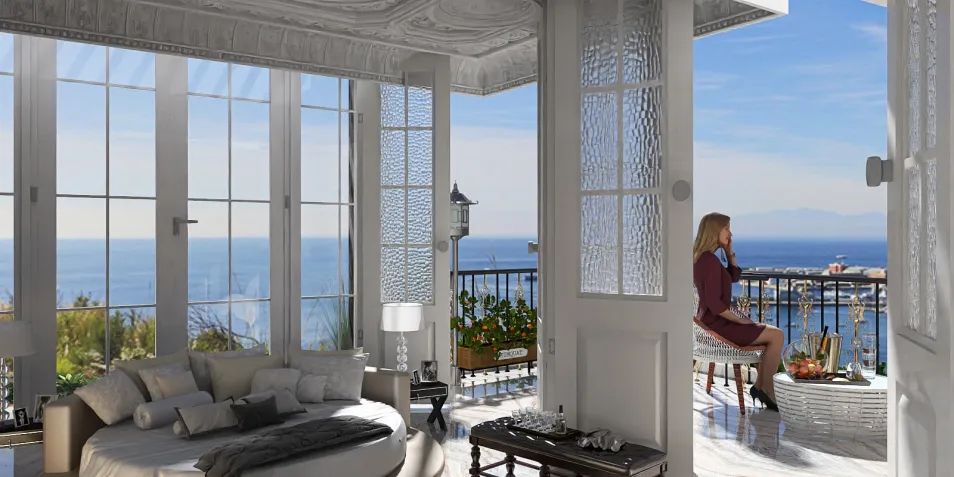modern living room with large windows and ocean view featuring a woman enjoying a beverage, styled in elegant coastal decor, showcasing Homestyler's real-time 3D rendering for interior design visualization.