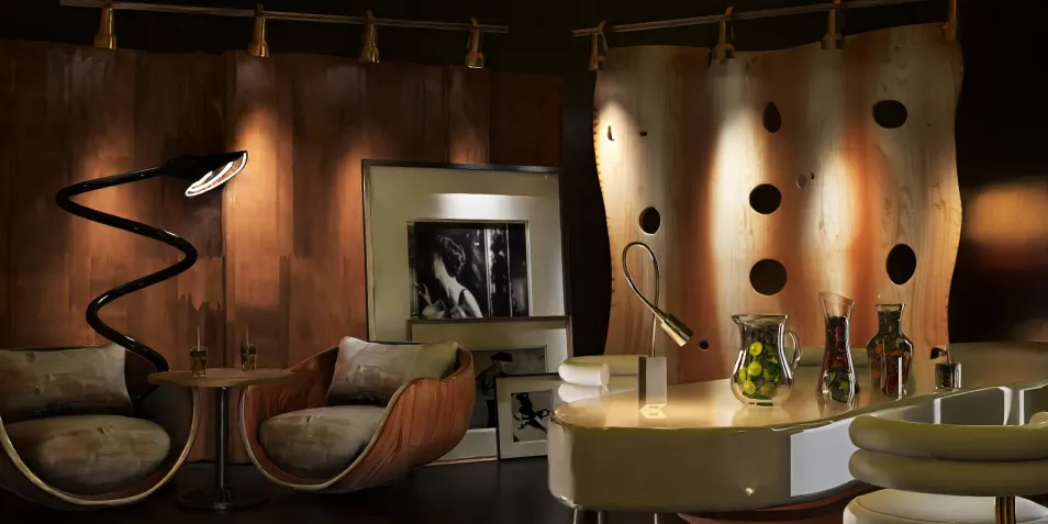 modern lounge chairs with artistic wall decor creating a cozy atmosphere in a contemporary interior design space featuring Homestyler's real-time 3D rendering functionality for design proposal presentation.