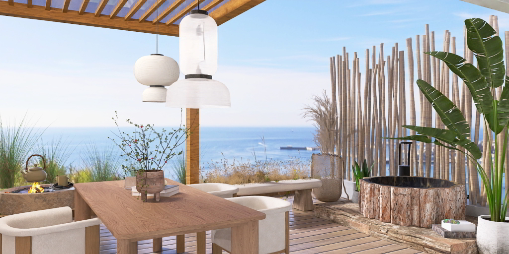 a dining room with a balcony and a balcony view 