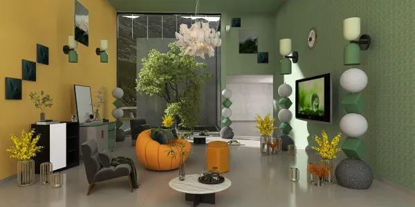 modern living room design featuring vibrant yellow and green walls, showcasing a stylish furniture arrangement and artistic decoration, optimized for space efficiency with intelligent furniture placement using Homestyler's 3D rendering feature.