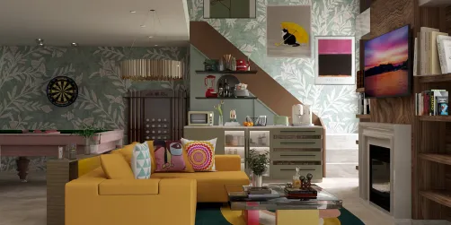 Basement in brown, pink, green and yellow