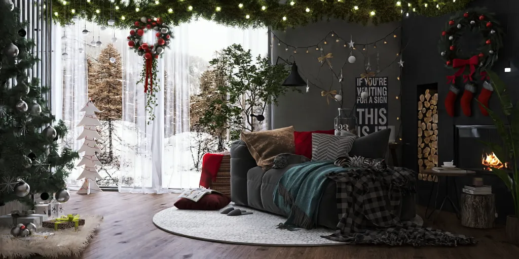 a living room with a christmas tree and a couch 