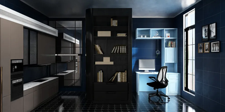 Modern kitchen interior featuring sleek cabinetry and a functional workspace, utilizing smart furniture arrangement for small space optimization, showcasing Homestyler's real-time 3D rendering capability.