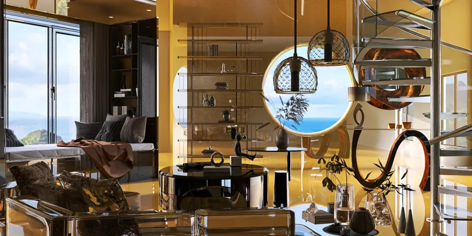 modern living room featuring a spiral staircase and ocean view, showcasing vibrant yellow accents and sleek furniture design, optimized with Homestyler's real-time 3D rendering for an immersive interior decor experience.