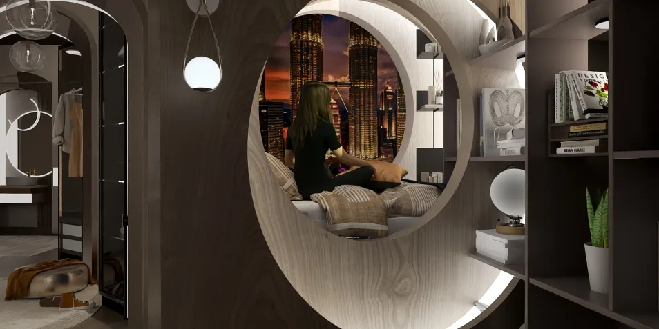 Girl sitting in a circular window nook with city skyline view, showcasing contemporary interior design in a cozy space, highlighting Homestyler's real-time 3D rendering feature.