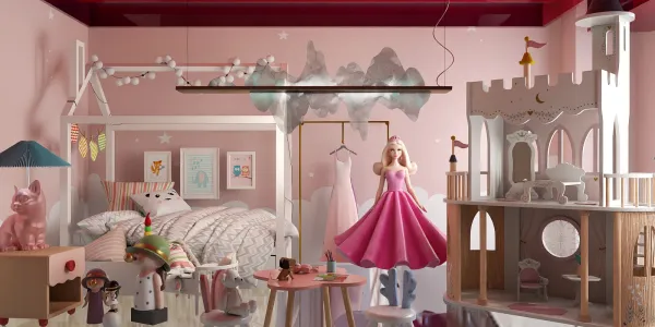 children's playroom featuring a dollhouse and princess figurine, creating a whimsical atmosphere in a pastel color scheme, showcasing Homestyler's real-time 3D rendering for interior design visualization.