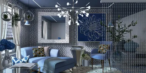 blue sofa interior design with modern lighting creating a cozy living space using Homestyler's real-time 3D rendering feature