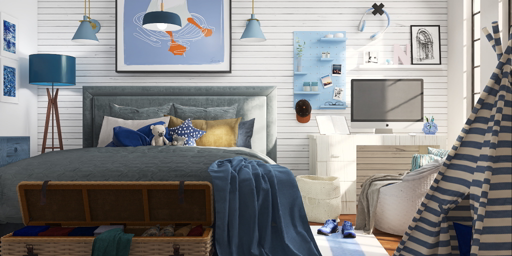 a bedroom with a bed, desk, and a painting on the wall 