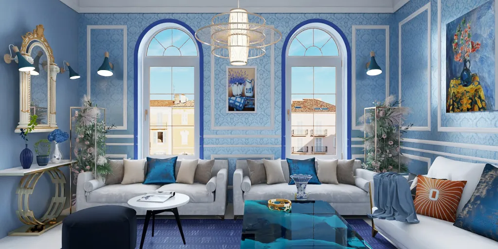 a living room filled with furniture and a blue wall 