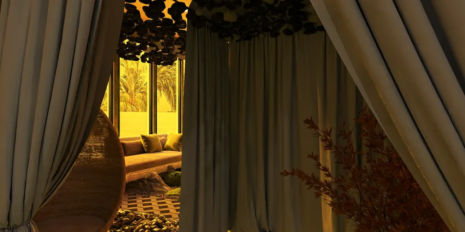 cozy indoor lounge area with curtains separating spaces featuring a unique ceiling design and natural elements in a contemporary style, showcasing an interior design concept using Homestyler's real-time 3D rendering feature.