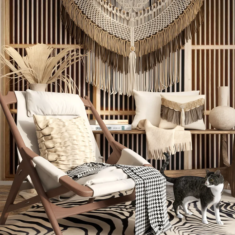 cozy lounge chair with decorative throw blanket and cat in a bohemian style interior featuring woven wall art and natural materials, showcasing Homestyler's real-time 3D rendering for quick design proposals.