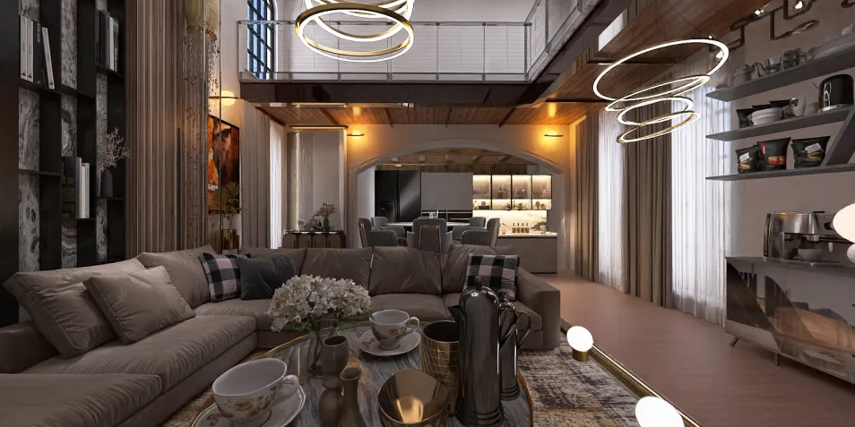 spacious living room design featuring elegant furniture arrangement in contemporary style with a focus on interior decor, showcasing Homestyler's real-time 3D rendering functionality.