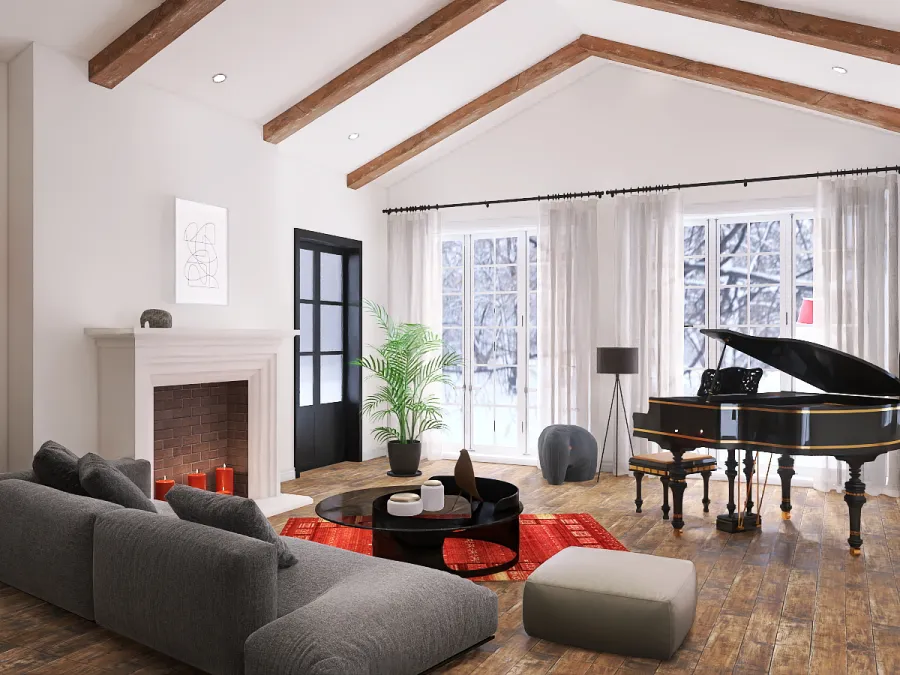 a living room with a couch, chairs, and a piano 