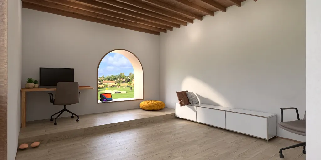 a room with a chair and a tv 