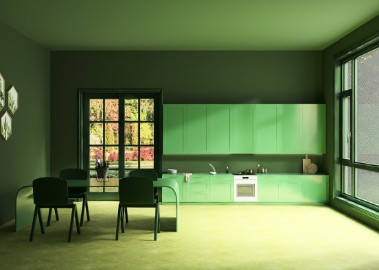 Green Kitchen and Dining Room Design Rendering