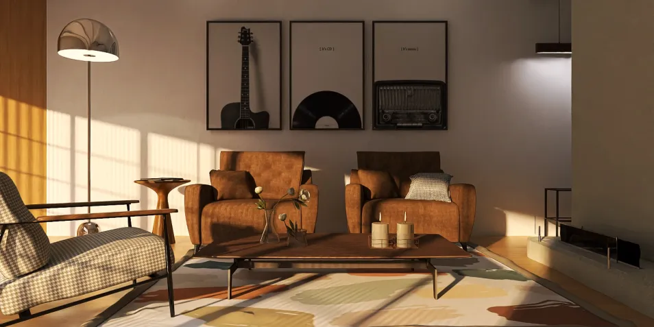 living room with armchairs and coffee table arranged in a stylish mid-century modern design featuring warm lighting and decorative elements, showcasing interior decor ideas for cozy spaces using Homestyler's real-time 3D rendering feature.