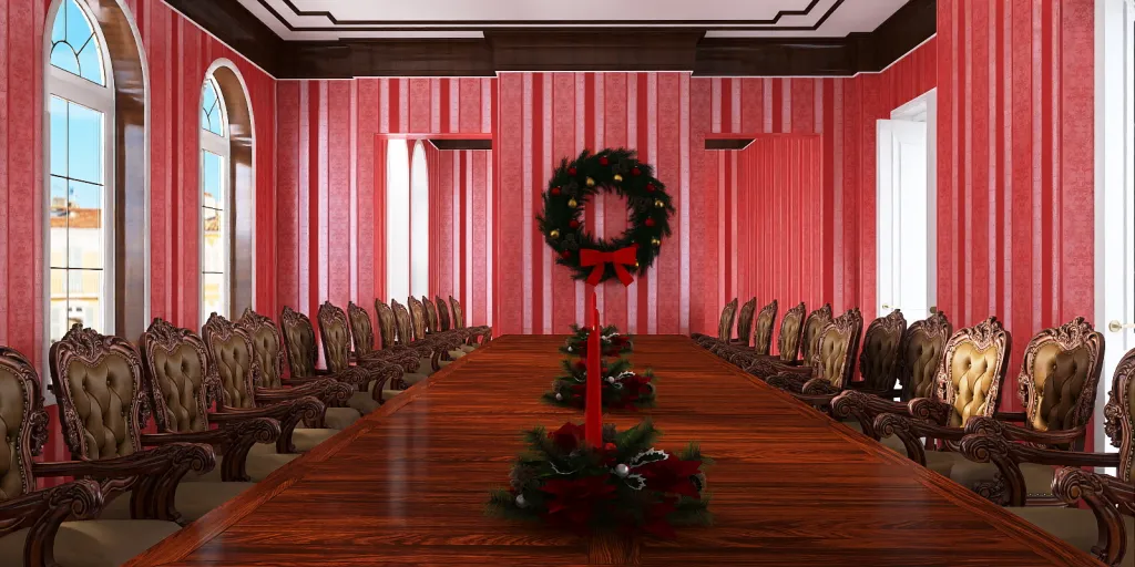a room with a large table and chairs with red and white chairs 