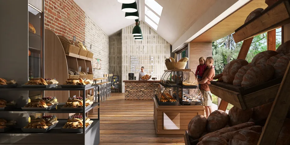 bakery interior showcasing fresh bread displays and pastry arrangements with a rustic style and warm ambiance; featuring Homestyler's real-time 3D rendering for design proposal visualization.