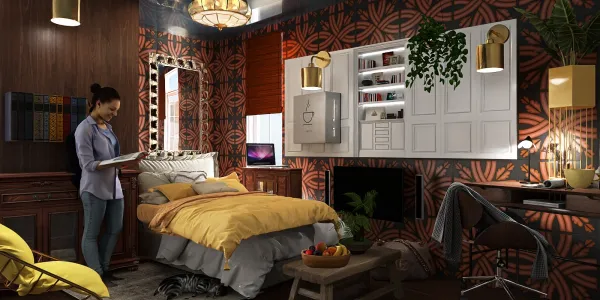 A woman reviewing a design proposal in a stylish bedroom featuring vibrant wallpaper and modern furniture, showcasing interior decor ideas. Created using Homestyler's real-time 3D rendering function.