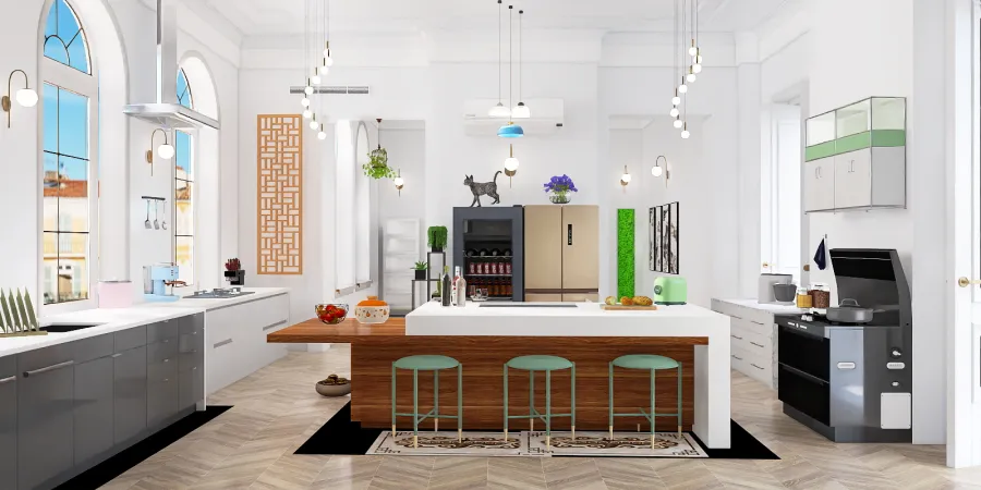 a kitchen with a sink, counter, and a refrigerator 