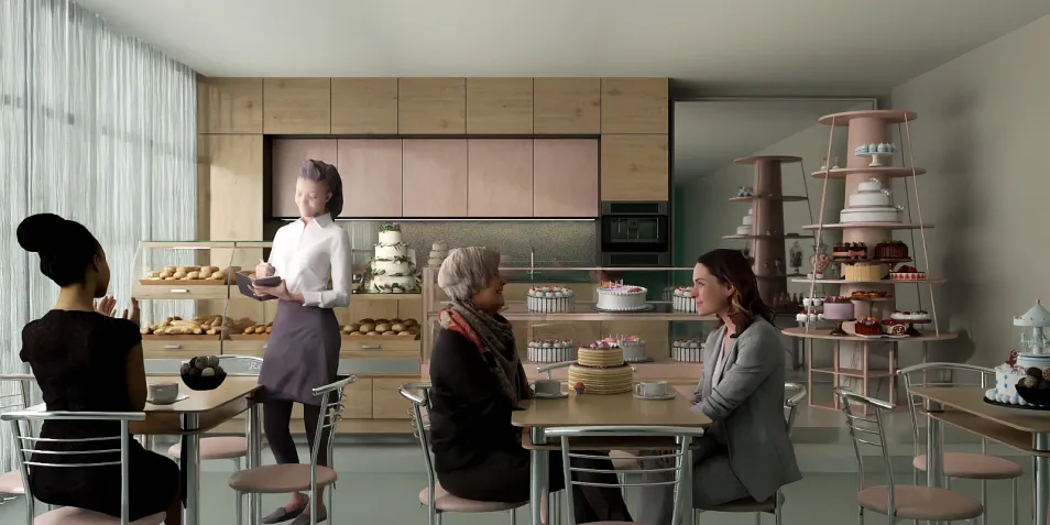 Café interior featuring customers enjoying pastries, showcasing modern design aesthetics and cozy ambiance, optimized for small spaces using Homestyler's smart furniture arrangement feature.