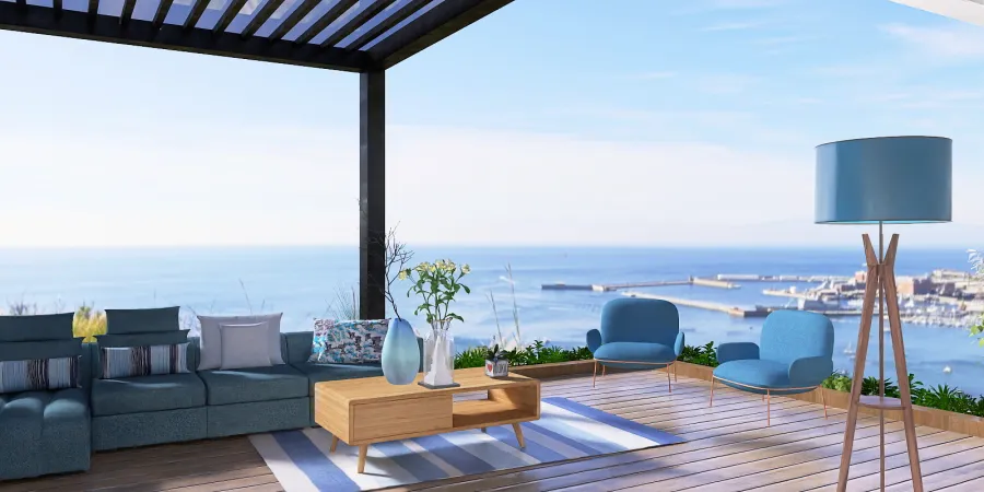 a living room with a balcony and a balcony view 