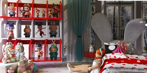 Playful children's bedroom featuring a doll collection display and vibrant decor, designed using Homestyler's 3D rendering for an engaging interior layout.