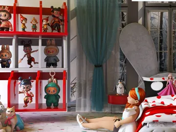 colorful toy display shelving arranging dolls in a playful style for a child's bedroom using Homestyler's smart furniture arrangement feature