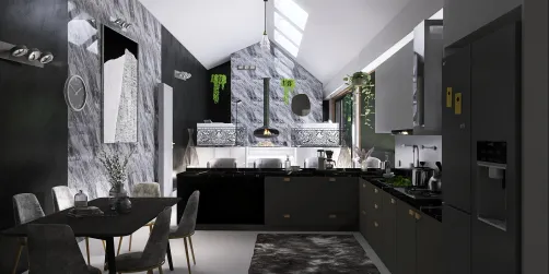 Grey open living room with kitchen
