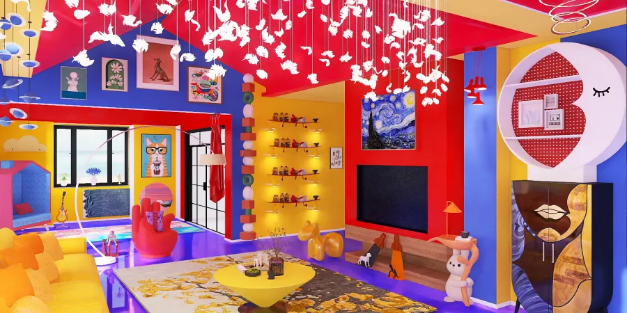 a room with a bunch of colorful decorations on the walls 