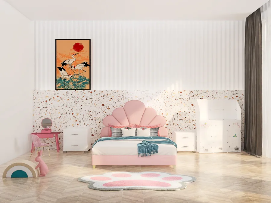 a small bed with a pink blanket and a painting on the wall 