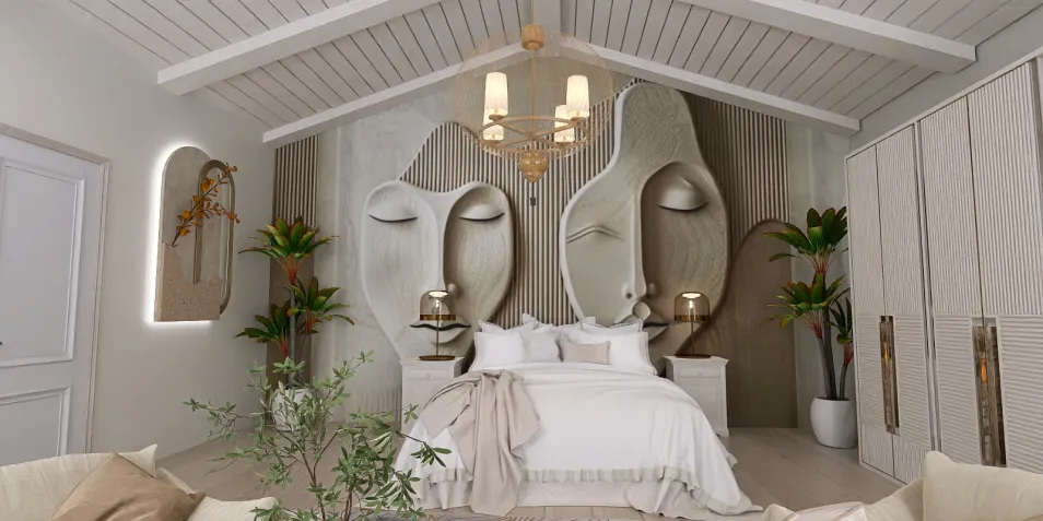 bedroom design featuring large face sculptures on the wall, showcasing modern minimalist style with a soothing color palette; ideal for highlighting interior decor ideas using Homestyler's real-time 3D rendering feature.