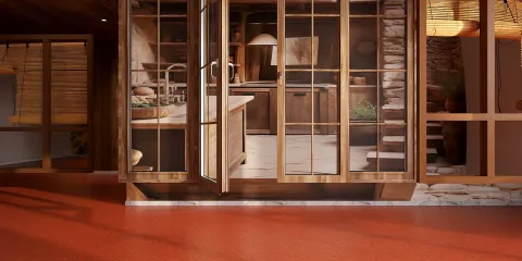 Cozy kitchen interior with wooden accents presenting a rustic design style, showcasing a modern living space optimized with Homestyler's real-time 3D rendering feature.