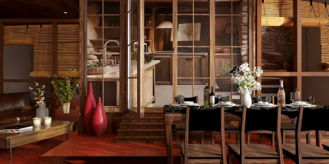 A wooden dining area featuring a modern table set for a meal, complemented by stylish chairs, designed using Homestyler's real-time 3D rendering for a cozy interior decor aesthetic.