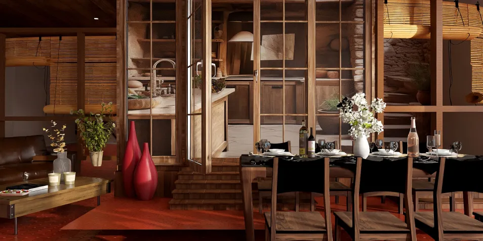 A wooden dining area featuring a modern table set for a meal, complemented by stylish chairs, designed using Homestyler's real-time 3D rendering for a cozy interior decor aesthetic.