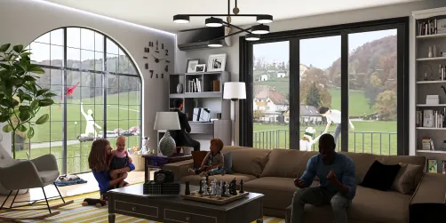 family enjoying time together in a cozy living room with stylish furniture and large windows, showcasing a modern interior decor, highlighting Homestyler's real-time 3D rendering feature.