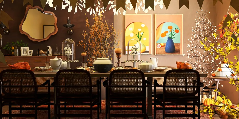 Elegant dining room featuring a festive table setting in an autumn theme, showcasing Homestyler's real-time 3D rendering for design proposal visualization.