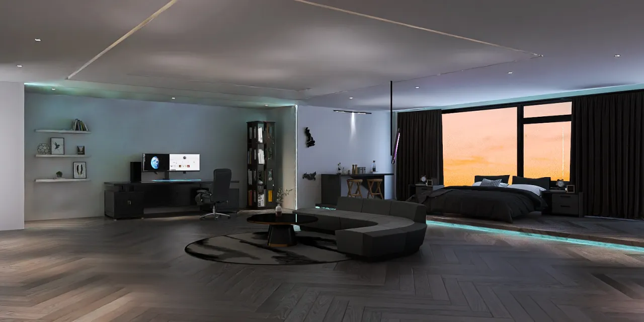 a living room with a large window and a large tv 