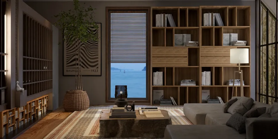 modern living room with stylish furniture arrangement showcasing a cozy atmosphere and large windows with a scenic view, featuring diverse textures and materials, enhanced by Homestyler's real-time 3D rendering feature for design proposal visualization.