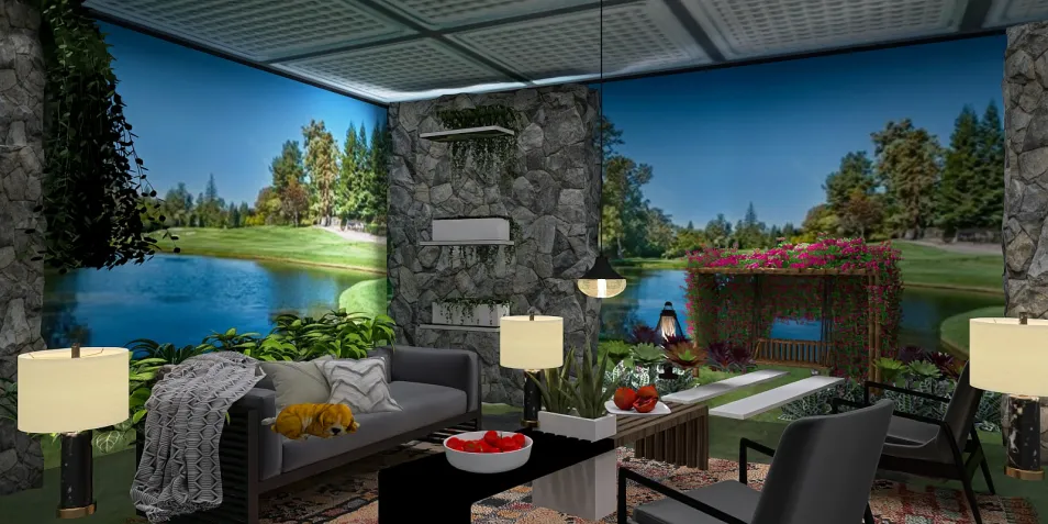 modern living room with panoramic lake view, featuring smart furniture arrangement, contemporary style, showcasing Homestyler's real-time 3D rendering capability.