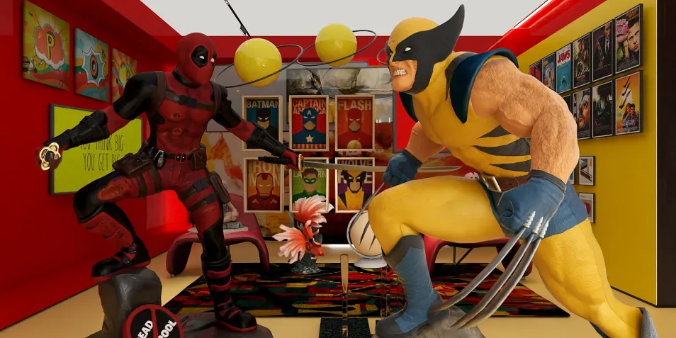 animated characters Deadpool and Wolverine engaged in a playful battle in a vibrant comic-themed room showcasing a playful design style that enhances the interior decor experience with Homestyler's real-time 3D rendering feature.
