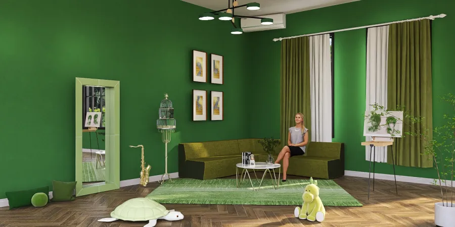 a woman is playing with a green rug in a green room 