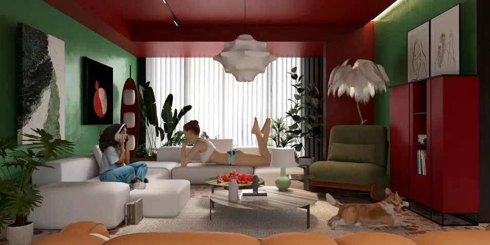 modern living room design featuring a relaxed atmosphere with people enjoying the space, designed in a vibrant style, showcasing interior decor ideal for social gatherings, utilizing Homestyler's smart furniture arrangement feature.