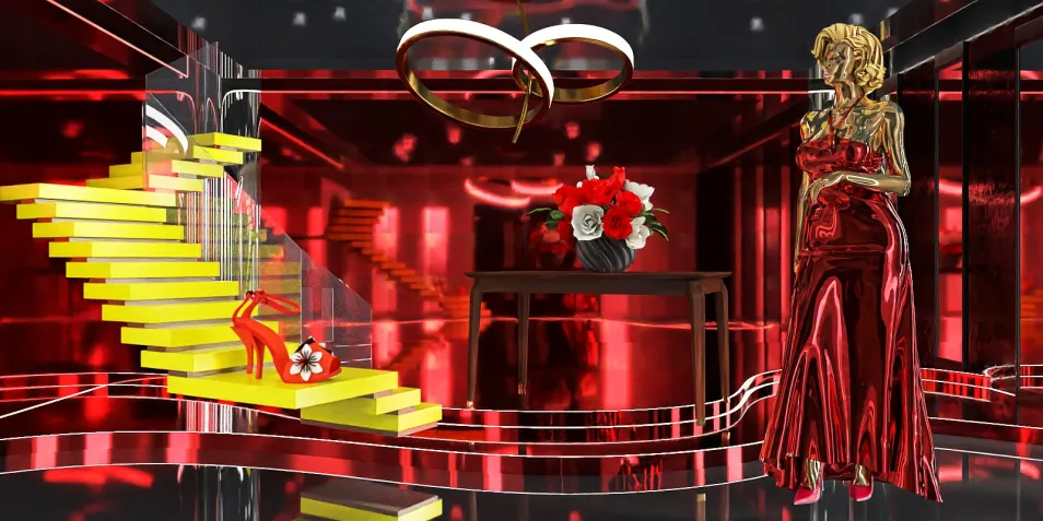 red themed interior design featuring a glamorous staircase and elegant jewelry display, showcasing a luxurious living space with high-end decor, enhanced using Homestyler's real-time 3D rendering feature.