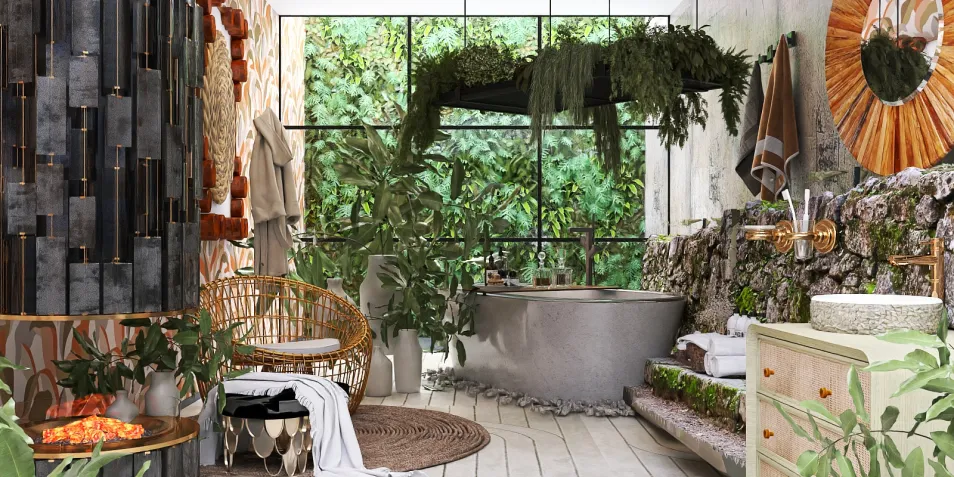 bathroom design featuring a freestanding bathtub surrounded by natural greenery and stylish decor elements, showcasing an organic and relaxing atmosphere, utilizing Homestyler's real-time 3D rendering feature.