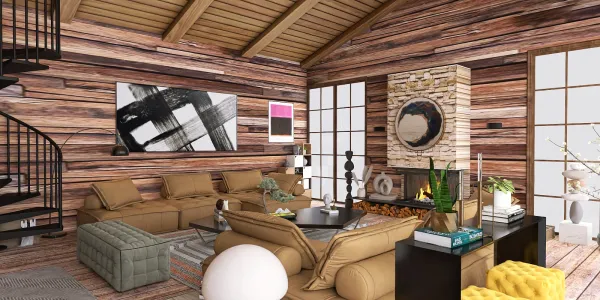 cozy living room interior design showcasing a wooden accent wall and a fireplace with modern decor, featuring Homestyler's real-time 3D rendering for a quick design preview.