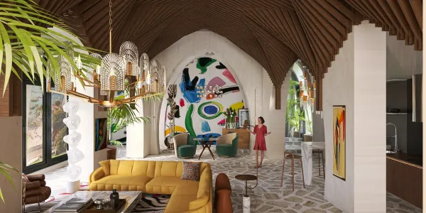 vibrant living room with modern decor featuring a yellow sofa and artistic wall, showcasing interior design using Homestyler's real-time 3D rendering for a dynamic and stylish space.